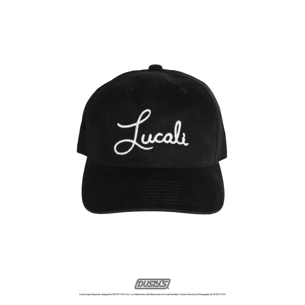 dustys_ny's tweet photo. LUCALI SCRIPT STRAP-BACK, DESIGNED AND PRODUCED BY DUSTY’S NY, LLC. AVAILABLE FOR PURCHASE EXCLUSIVELY AT LUCALI. https://t.co/GAvYDpaOKZ