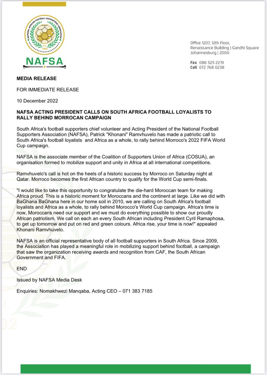 SupportFootZA's tweet photo. 📌MEDIA RELEASE - Congratulations Morocco @FRMFOFFICIEL 

#OneNAFSA https://t.co/7ykA2oiWxw