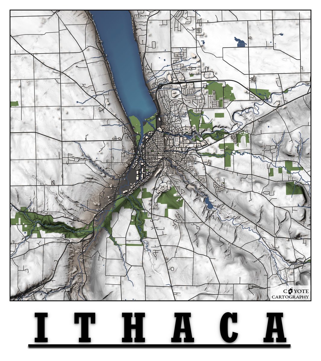 My first commission, a #map of #ithaca #newyork. Gorges are highlighted through shading. #cartography #qgis