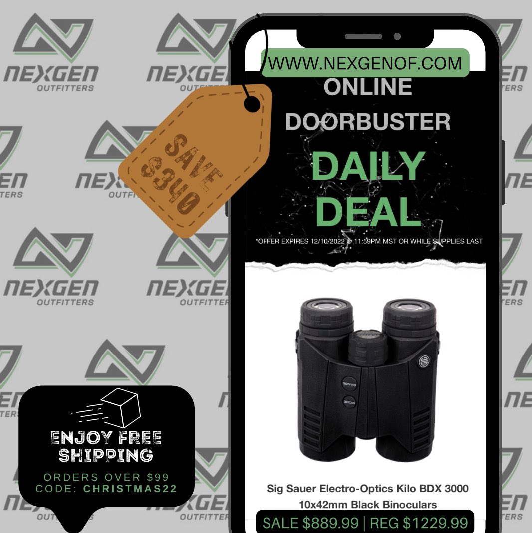 NexgenOutfitter's tweet photo. 👀𝗗𝗼𝗼𝗿𝗯𝘂𝘀𝘁𝗲𝗿‼️ 
Sig Sauer Electro-Optics Kilo BDX 3000 10x42mm Black Binos
💥 𝗦𝗔𝗟𝗘 $𝟴𝟴𝟵.𝟵𝟵‼️ 𝗥𝗘𝗚 $𝟭𝟮𝟮𝟵.𝟵𝟵❗️
🛒 https://t.co/5iK8VcqJCg
*expires 12/10/22 @ 11:59PM MT OR while supplies last!
🆓 𝗦𝗵𝗶𝗽 𝗼𝘃𝗲𝗿 $𝟵𝟵! 𝗰𝗼𝗱𝗲: 𝗖𝗛𝗥𝗜𝗦𝗧𝗠𝗔𝗦𝟮𝟮 https://t.co/TQknIGJcGp