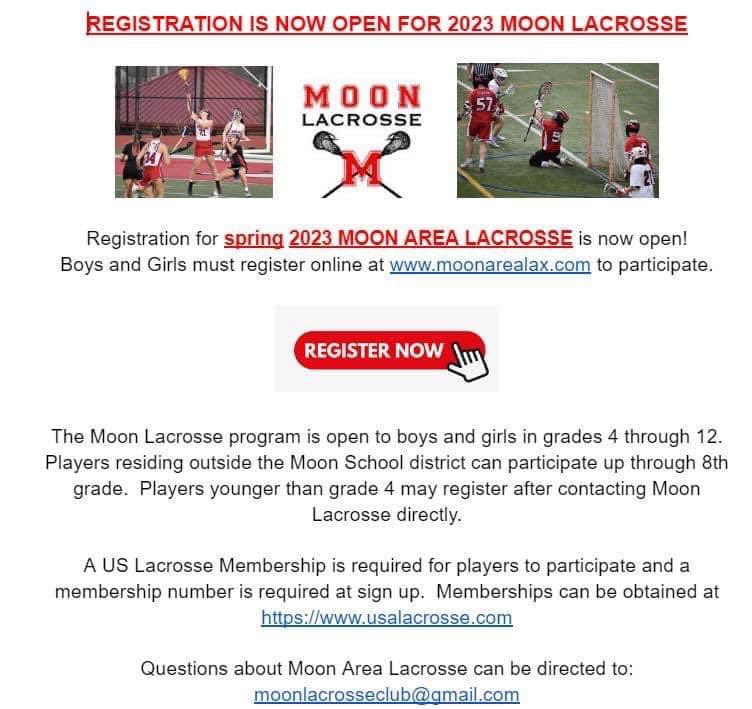 Registration is open for our Spring lacrosse teams!  We have teams available for students in grades 4-12. Go to moonarealax.com to register!