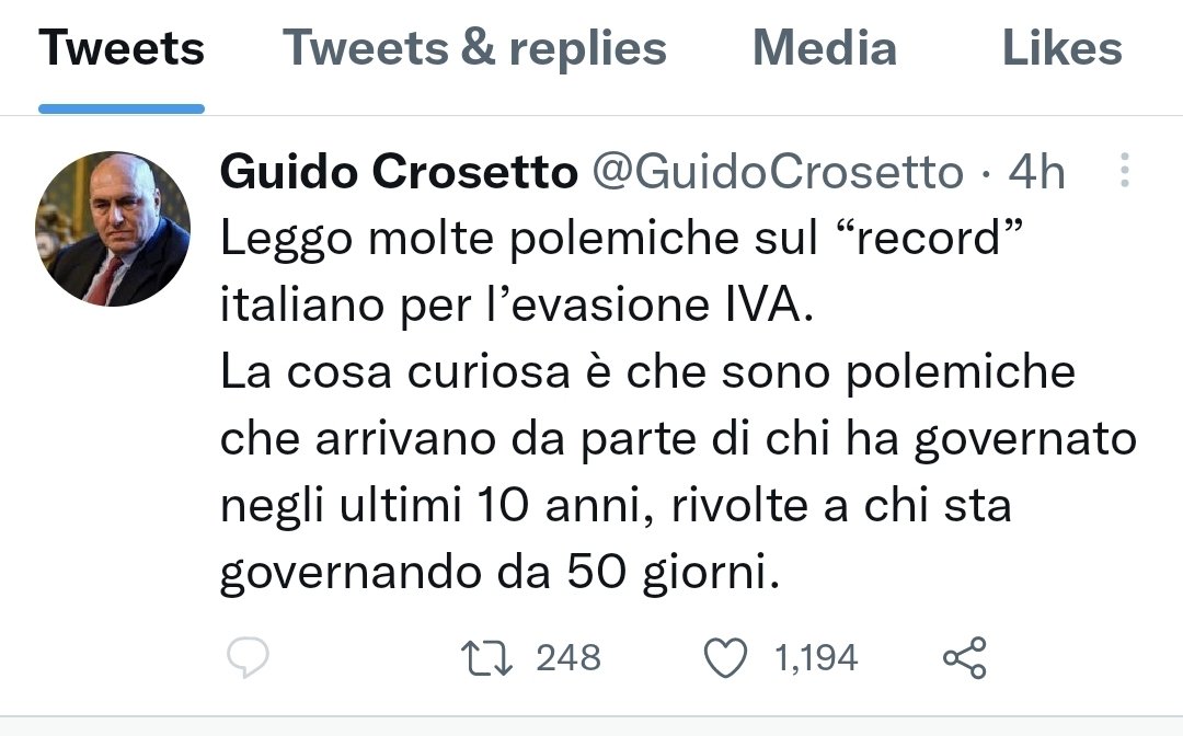 Eh ho capito <a href="/GuidoCrosetto/">Guido Crosetto</a> ma in 50 giorni c'è:
-L'innalzamento della soglia del contante
-L'innalzamento della soglia per l'obbligo del POS
-Il condono fiscale per le cartelle sotto i 1.000€
L'evasione è un problema ma i passi possono essere fatti in una direzione o nell'altra