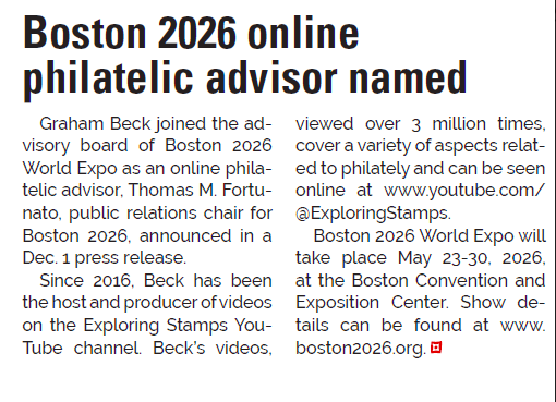 Boston2026Expo's tweet photo. Graham Beck of @ExploringStamps has been appointed to the Boston 2026 Advisory Board, as reported in the December 26 issue of @LinnsStampNews  https://t.co/McvLRcFRlp https://t.co/CntntZLmpp