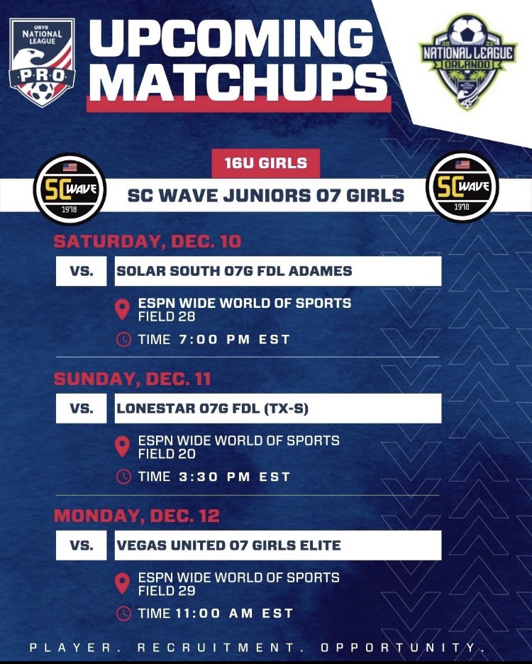 This weekend i’m in Orlando back with my team <a href="/SCWave07Girls/">SC Wave U19 Girls NAL</a> , I’m so excited to be back playing with them in the WARM weather!! Can’t wait for these up coming games. <a href="/IanBennett26/">Ian Bennett</a> <a href="/RobLestina1/">Rob Lestina</a> <a href="/Oliviero21/">Giuliano Oliviero</a>