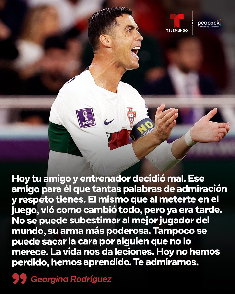 TelemundoSports's tweet photo. 👀 ¡GEORGINA RODRÍGUEZ YA HABLÓ!
❌ Tras la eliminación de #POR de la #FIFAWorldCup, salió en defensa de Cristiano Ronaldo.
😵 Y le dejó un dardo envenenado a Fernando Santos.
🔥 ¿Opiniones?
#ElMundialLoEsTodo #MARvsPOR https://t.co/7c8vnAtJ9o