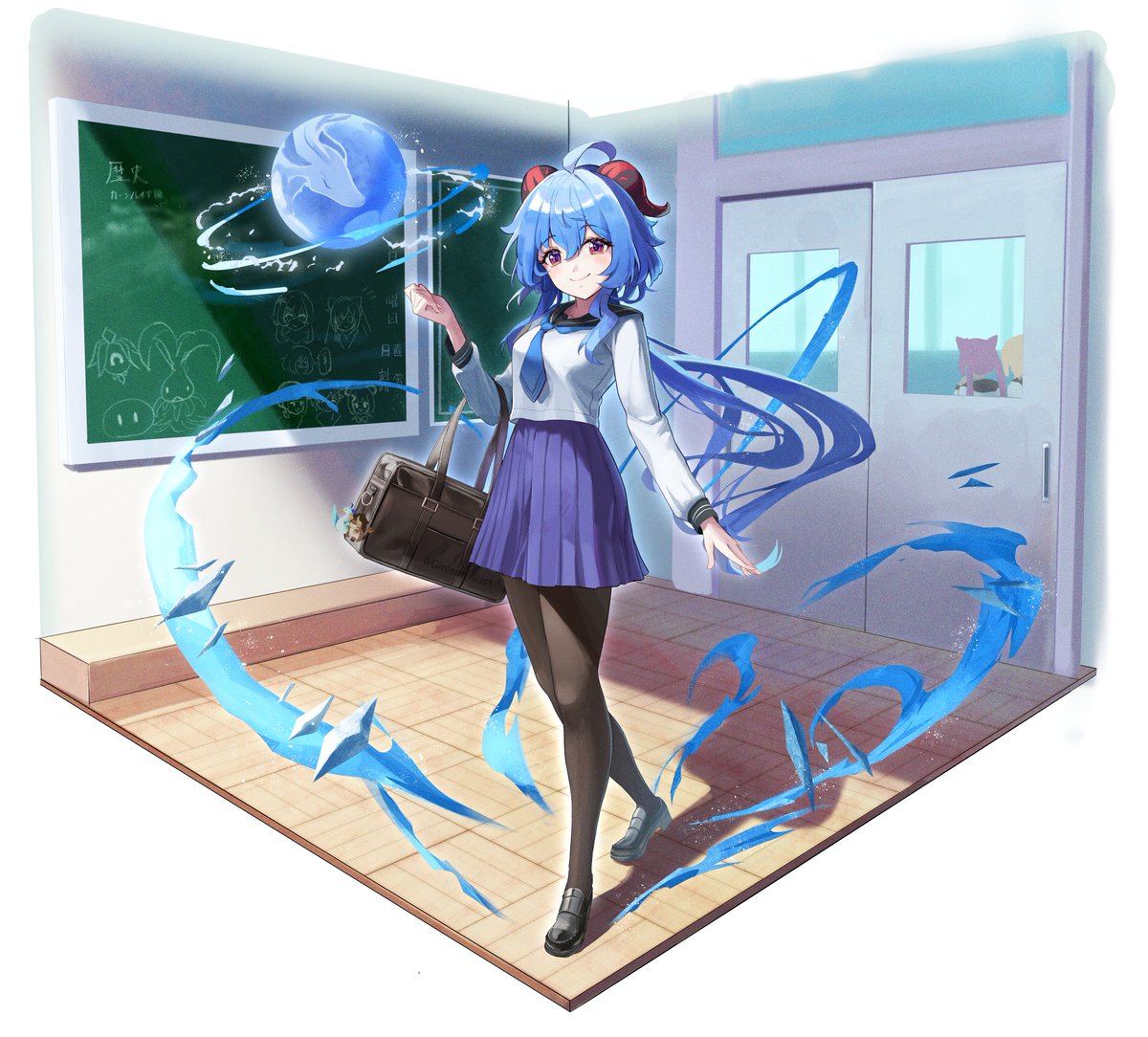 ganyu (genshin impact) school uniform pantyhose horns blue hair long hair skirt bag  illustration images