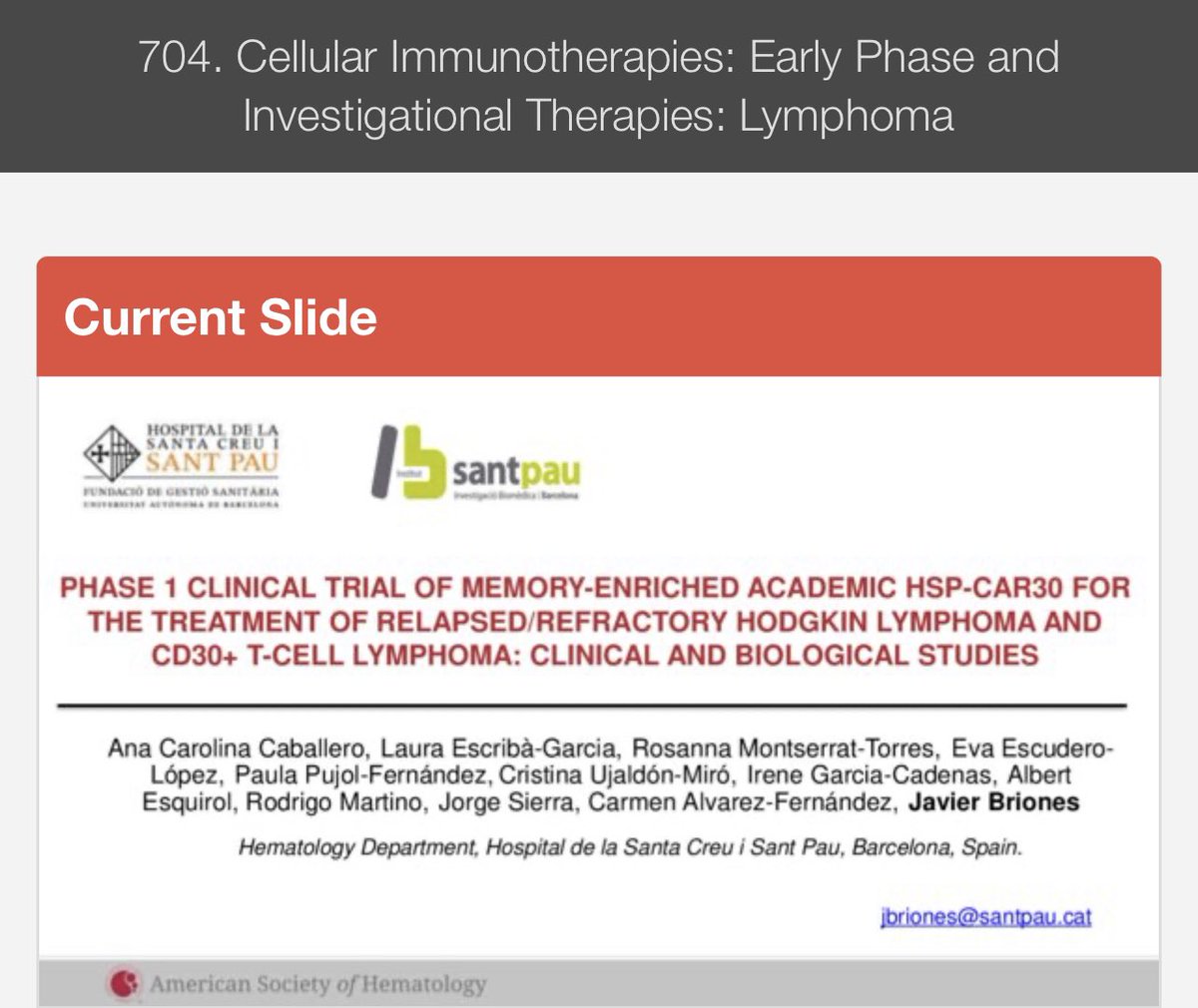 ARampotas's tweet photo. Fascinating results presented by Dr J Briones on CD30 CAR T cell for r/r Hodgkins Lymphoma and CD30+ve T cell lymphoma. Well done Barcelona for making an excellent CAR and conducting the trial #ASH22 
CR 50% albeit small numbers. All responders were HL. Minimal toxicity https://t.co/pLrMvvUz81