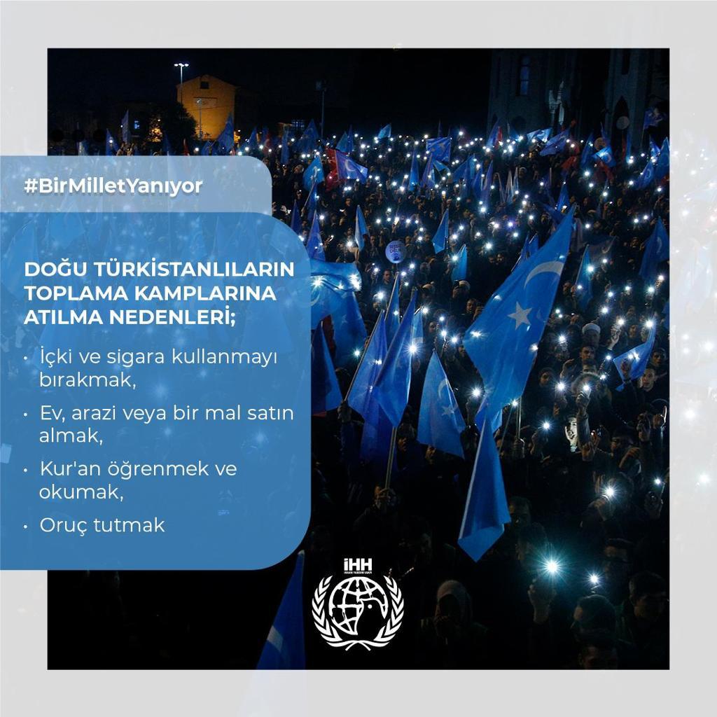 Doğu Türkistanlıların toplama kamplarına atılma nedenleri:

▪️İçki ve sigara kullanmayı bırakmak.
▪️Ev, arazi veya bir mal satın almak.
▪️Kur'an öğrenmek ve okumak.
▪️Oruç tutmak.

#BirMilletYanıyor