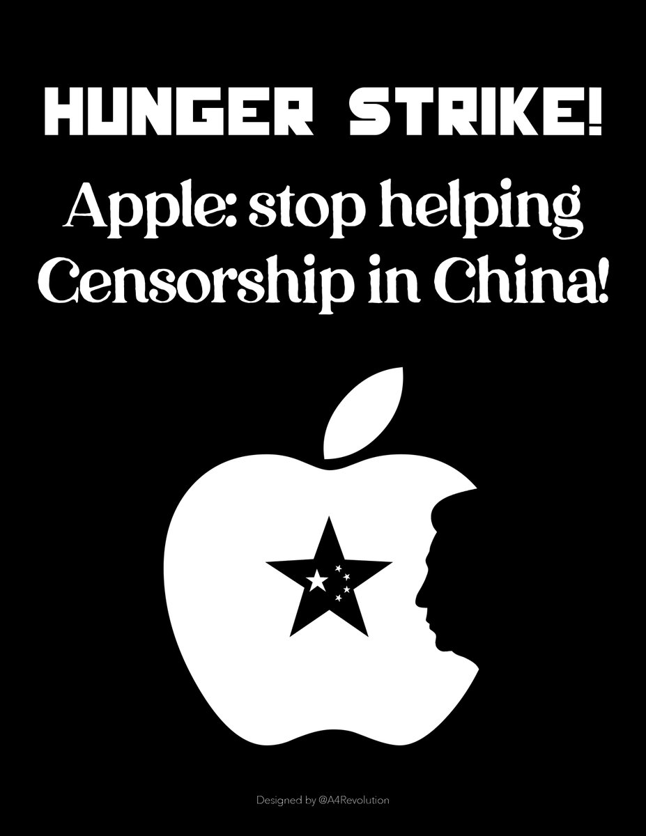A4Revolution's tweet photo. Activist @FreeforHKpeople hunger strike @Apple HQ, demanding @tim_cook “stop kissing Xi’s ass:”
- End worker exploitation
- Restore full AirDrop function in China
- Stop censoring apps
- Speak up on Uyghur atrocities.
#ChinaProtests #A4Revolution #HumanRights  #FreeUyghur #Apple https://t.co/veJY8mrSSw