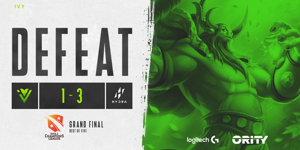 weareivygg's tweet photo. Out. Finish. Over. Unfortunately, we have to admit defeat in the grand final. After a glorious run, we proudly go home with a strong second place. 

GGWP @hydraesports_gg!

Thanks to all our fans! You guys rock! 💚

#GrowStronger #D2CL #GrandFinal #Dota2 https://t.co/boEHQzqjgX