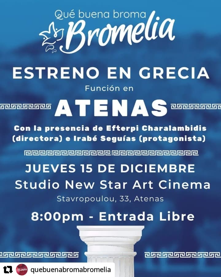 Seguimos en gira con #quebuenabromabromelia ahora estaremos presentando nuestra película en Atenas Grecia 
#CineVenezolano 
<a href="/QBBBFILM/">Qué buena broma, Bromelia</a> <a href="/culturyalgomas/">irabé</a> <a href="/CNAC_Venezuela/">Centro Nacional Autónomo de Cinematografía🎥</a> <a href="/villadelcine/">Villa del Cine</a> <a href="/VillegasPoljak/">Ernesto Villegas Poljak</a>