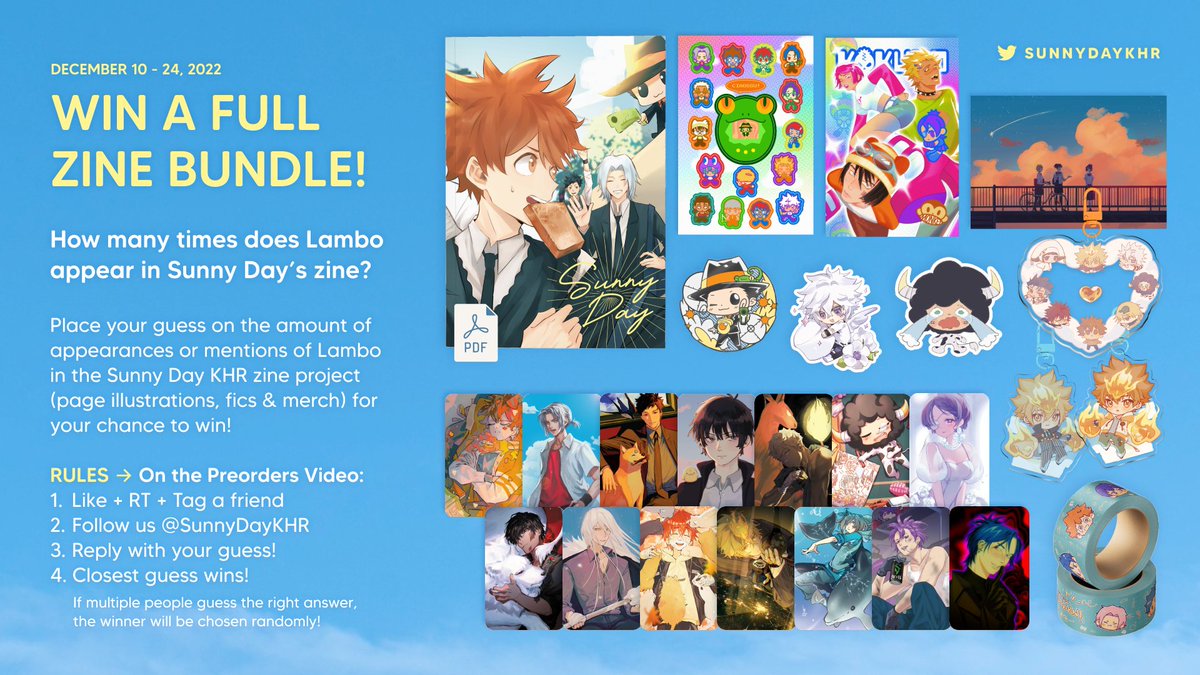 🔥 FULL BUNDLE GIVEAWAY 🔥

Calling all KHR fans! Guess how many Lambos are in our zine for a chance to win a full zine bundle! 🐄💣 

💥 On the Preorders Video tweet
↳ Like + RT + Tag a friend
↳ Reply with your guess
↳ Follow us!

📢 Enter by December 24, 11:59PM PST (GMT-8)