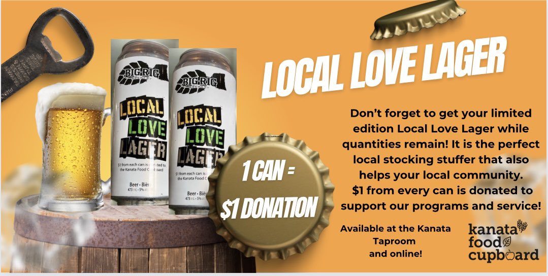 KanataFoodCpbrd's tweet photo. Happy National Lager Day! This holiday season we’ve been fortunate to have @BigRigBrewery honour us with the proceeds of their Local Love Lager, a new lager described as bright &amp; refreshing, yet smooth. A perfect stocking stuffer, it also gives back to it’s local community (1/2) https://t.co/BRFK4vbpVJ