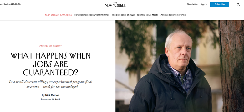 What happens when jobs are guaranteed? 

Excited that the <a href="/NewYorker/">The New Yorker</a> feature story is out on the #Marienthal #JobGuarantee and our evaluation (with <a href="/maxkasy/">Maximilian Kasy</a>).

newyorker.com/news/annals-of…