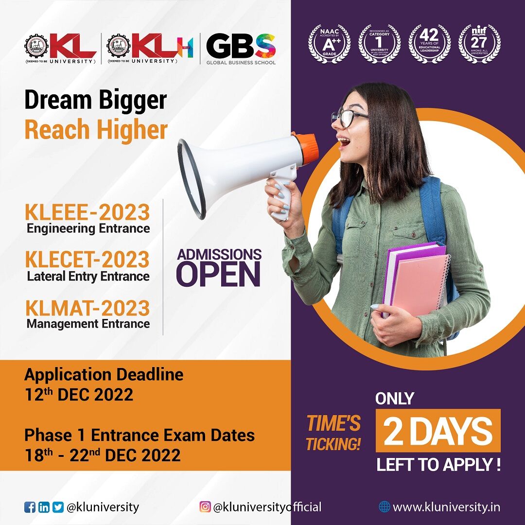 kluniversity's tweet photo. Only 2 days left to #apply! Never let the entrance examination dates pass you by. Take advantage of the opportunity to receive attractive scholarships and save money on your education. 

Apply Now @ https://t.co/m05NrlM7wp  

#KLUniversity #KLEEE #BTechAdmissions2023 #Admissions https://t.co/TgcsnUYwIA