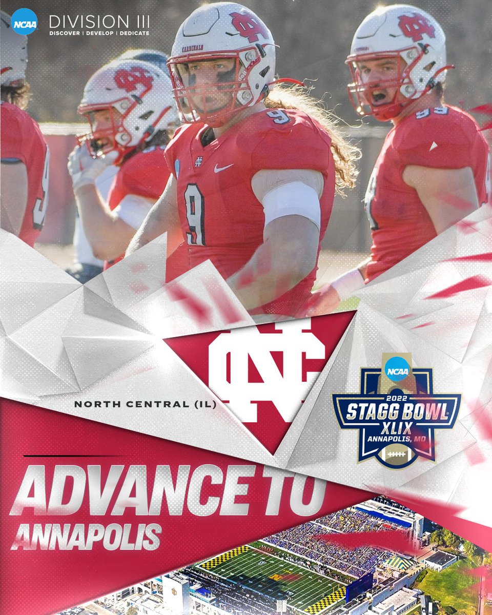 NCAADIII's tweet photo. Cardinals ➡️ Annapolis

North Central earns a dominant 49-14 win to secure a spot in the #StaggBowl.

#D3fb | #NCAAD3 https://t.co/CI1hnGUBZJ