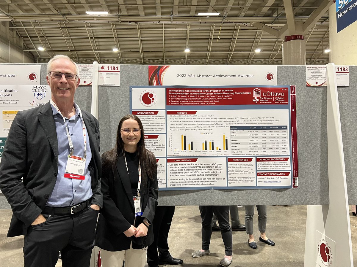 Vicky_Mai_'s tweet photo. @daniellle_roy from @UottawamedG reporting that Factor V Leiden and ABO gene mutations are important predictors of cancer-associated thrombosis at #ASH2022 @ThrombosisCan @canvector @INVENT_VTE 🎉 https://t.co/wnNjeCXUuQ