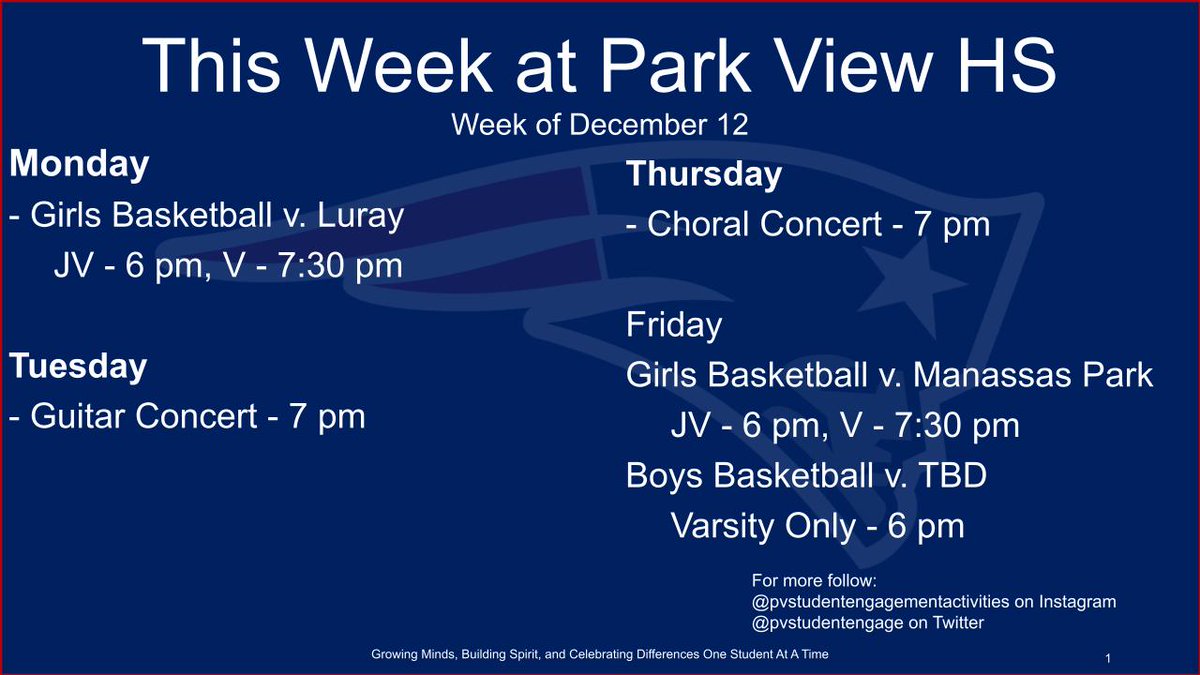 PVStudentEngage's tweet photo. Hope to see you at @Park_View_HS this week!!! #GoPatriotsGo https://t.co/RRv2DpnHDb