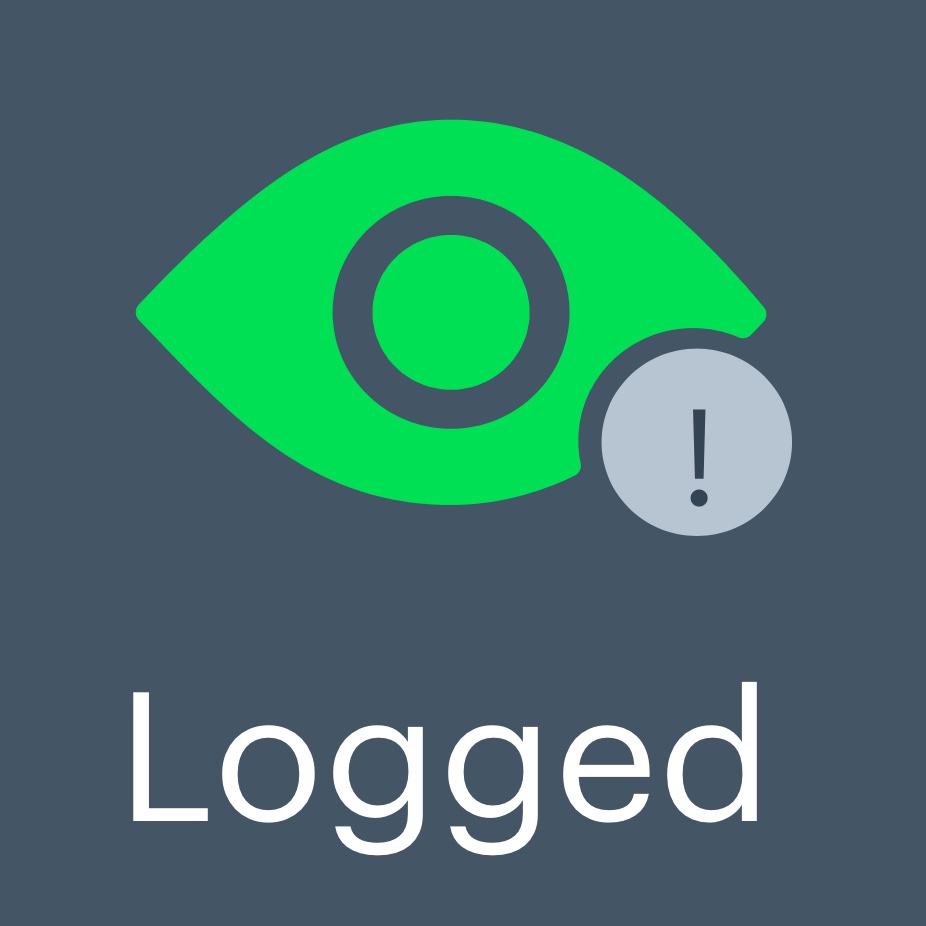 A close-up detail of the 'Logged' user interface on Letterboxd, represented by a simplified graphic of an eye in green. The word 'Logged' is underneath the graphic. In this version, the number of logs is replaced by an exclamation mark in a grey circle that cuts into a small portion of the green eye.