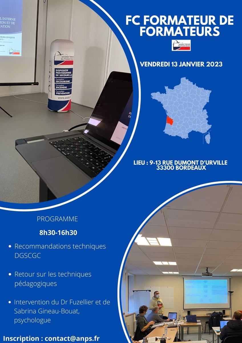 jerMLavergne's tweet photo. [#FORMATIONS]
Formation Continue Formateur de Formateurs 1️⃣ERS SECOURS 

@asso_anps déploie son ingénierie pédagogique au bénéfice de son réseau de FoFo 🇫🇷

 Sessions ➡️Janvier 2023 ✅ 

🗺️ Versailles/Bordeaux/Lyon

INSCRIPTIONS EN LIGNE ↘️
https://t.co/5tdSOghPTW

#secourisme https://t.co/0VBoArF7t0