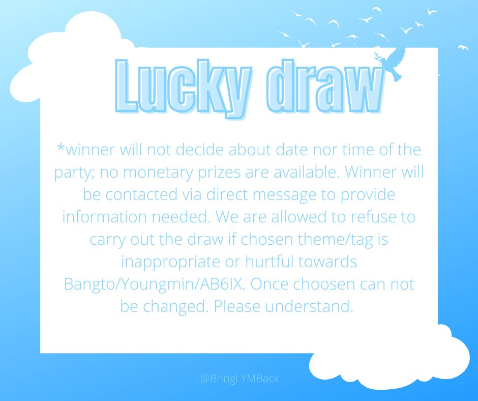 BringLYMBack's tweet photo. STREAMING PARTY - LUCKY DRAW
Something we prepared just for you! Will you join? ๐
#BrokenWings_StreamingParty
#LYM_์คํธ๋ฆฌ๋ฐํํฐ
#BringYoungminBack https://t.co/ViJezYT0p3