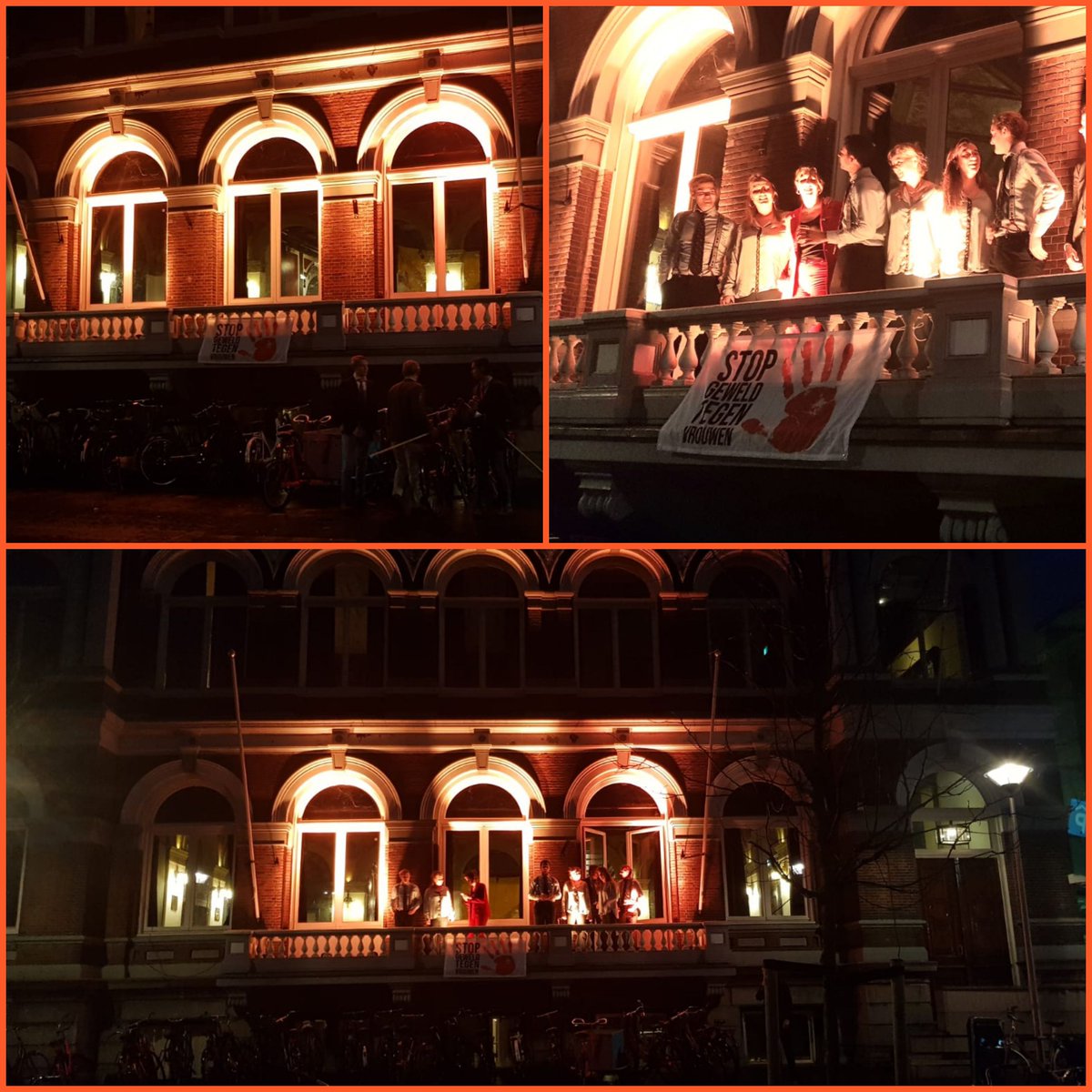 SoroptiDelft's tweet photo. 7 december organiseerde het #DelftsStudentenCorps een avond voor hun leden met als onderwerp ‘Geweld'. Hun gebouw aan de Phoenixstraat kleurde oranje en er hing een #stopgeweldtegenvrouwen spandoek. Hopelijk volgen meer sociëteiten in #Delft  tijdens #OrangeTheWorld 2023! https://t.co/5GzyscDIVP