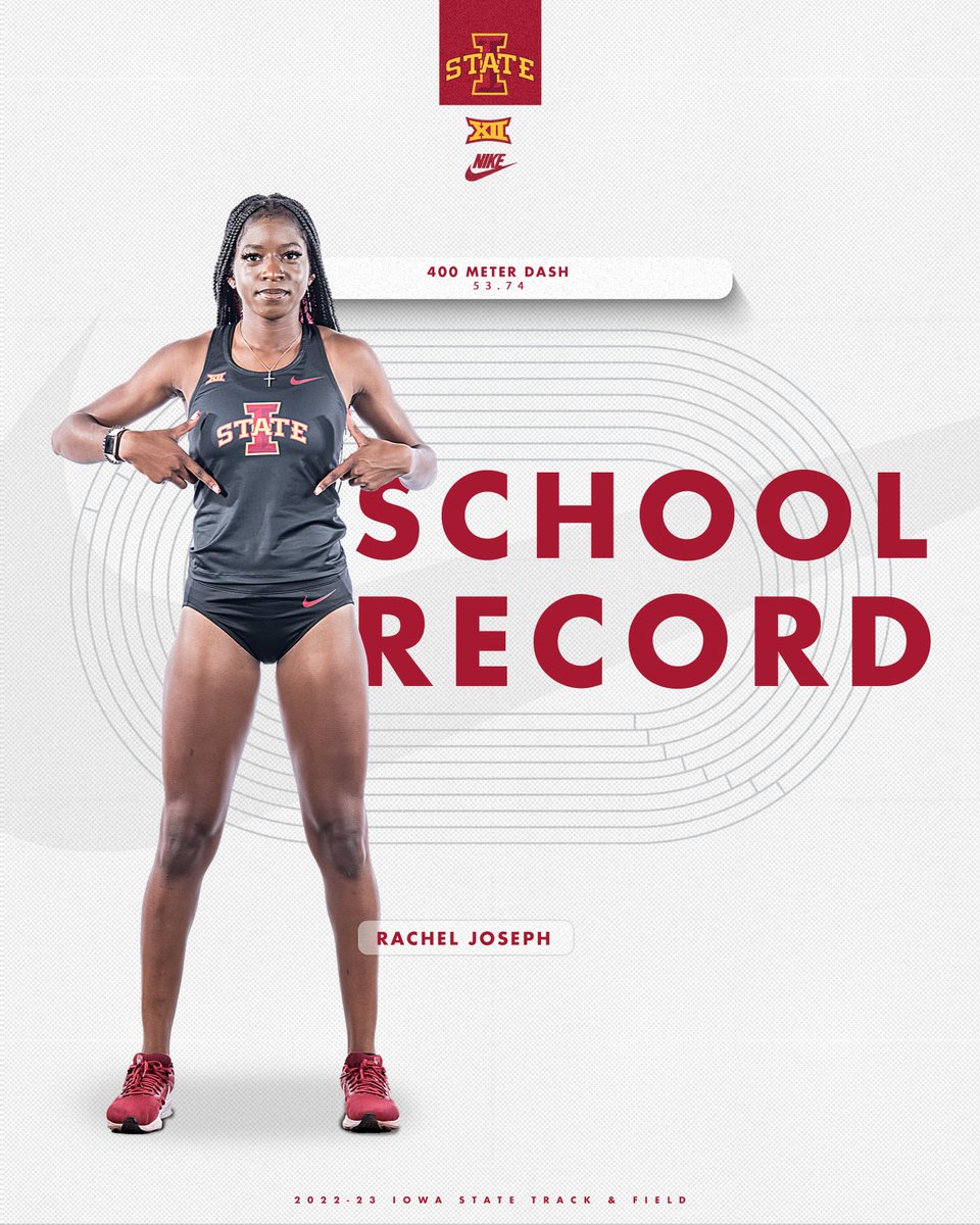 CycloneTrackXC's tweet photo. 𝙎𝘾𝙃𝙊𝙊𝙇 𝙍𝙀𝘾𝙊𝙍𝘿.

Freshman Rachel Joseph wastes no time and breaks the indoor 400m dash school record of 53.81 set in 2015 with her time of 53.74.

#CycloneSZN #Run4ISU https://t.co/7G2GpuZ6JL