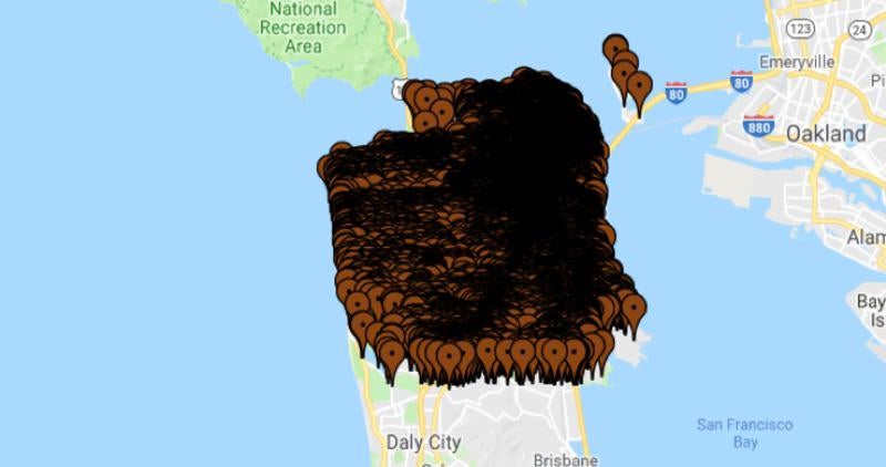 TerribleMaps's tweet image. San Francisco. Each dot is a location where faeces was reported over the past 8 years
