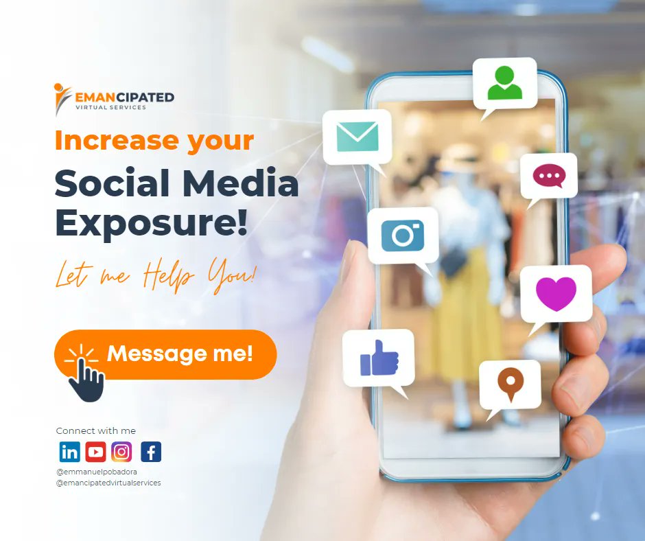 EmmanPobadora's tweet photo. Increase your social MEdia Exposure! 

#virtualassistant #freelancer #growyourbusiness
#emancipatedvirtualservices #evs #emancipatedvirtualassistant #VAeman #yourawesomeva #filipinovirtualassistant #virtualassistantph #VAPH #VirtualAssistant #VirtualAssistantPH #GraphicDesign https://t.co/CVI7AJEOqy