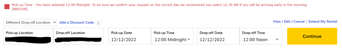 SimTara's tweet photo. @Hertz why include the option for a 12am/Midnight pickup when you won't let me actually select that option?
The flight lands late the night before. I've already built in buffer time before selecting 12am. 🙃 https://t.co/S3Pd3RsEZ4