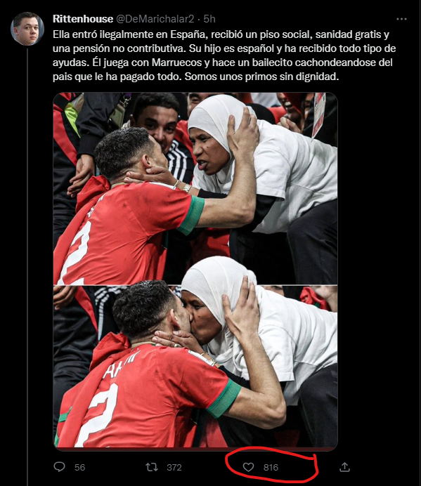 Koi_Wars's tweet photo. Acompañenme en esta triste historia sobre @DeMarichalar2. Gana Marruecos y salen todos los racistas de sus madrigueras. No podemos simplemete darles la enhorabuena? https://t.co/mbiqRyPh3d