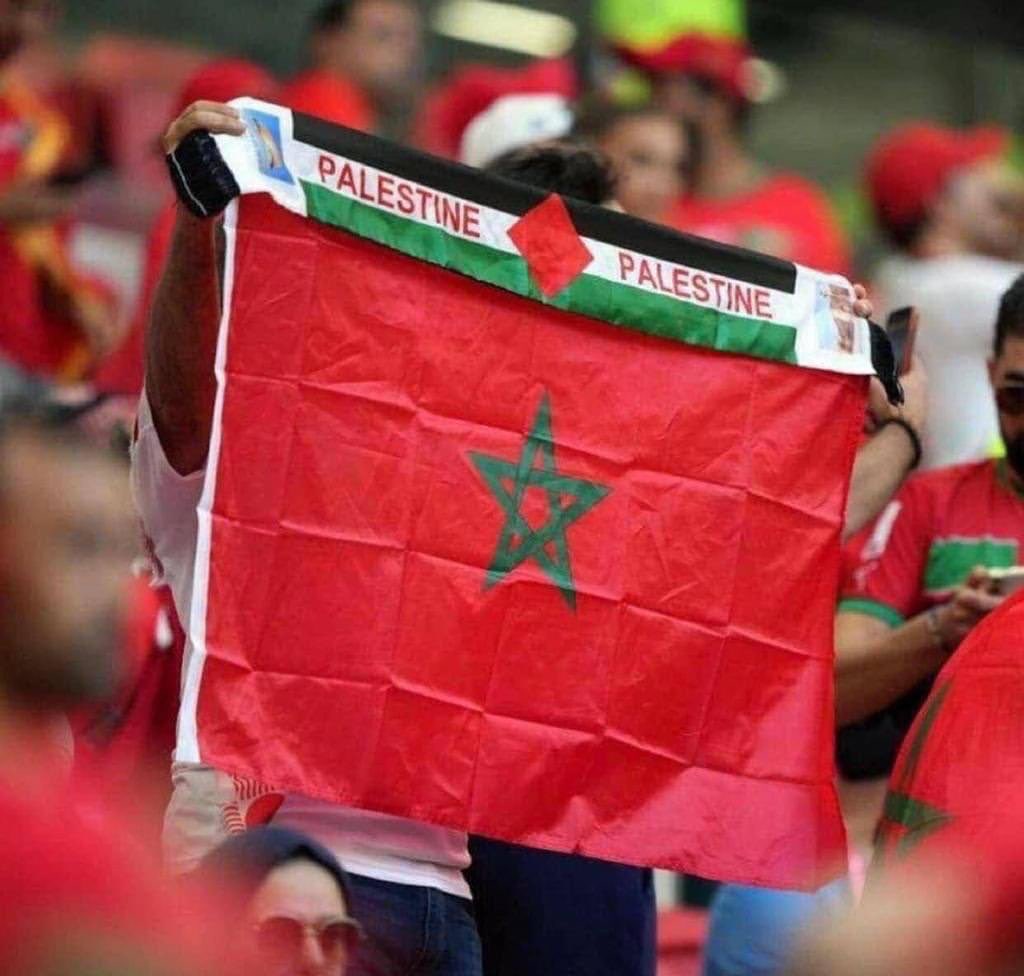 Timesofgaza's tweet photo. Moroccan fan raises the flag of Palestine to express solidarity during today’s #Morocco vs Portugal match. https://t.co/2WarWbridG