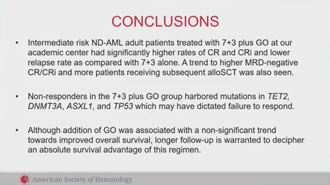 CONGRESS | #ASH22
Mina Abdelmalek <a href="/abdelmalek_mina/">Mina Abdelmalek</a> of <a href="/UBuffalo/">UBuffalo</a> presents data suggesting improved MRD negative CR and lower relapse rates in patients with intermediate-risk ND AML treated with gemtuzumab ozogamicin (GO) plus 7+3 (n = 33) induction vs 7+3 alone (n = 80). #leusm