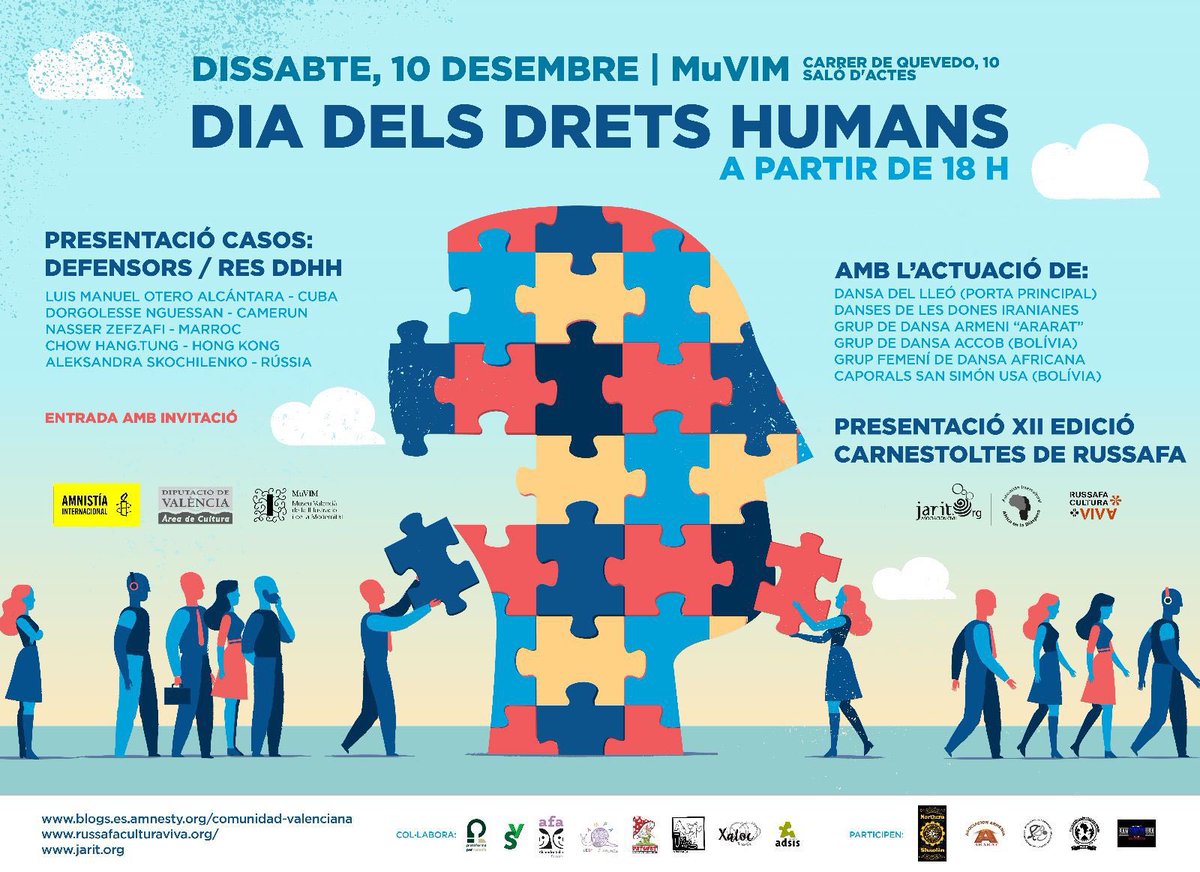 ManuSalutIV's tweet photo. #10DdiaDDHH
Avui Dia Internacional dels Drets Humans
🎉Festa amb actuacions en directe i replegada de signatures📝 pels Defensors i les Defensores de #DDHH
📍Sala d'Actes del @MuVIM de 18.00 a 21.30⏰ #València
@AmnistiaVLC
🎎Presentació Carnestoltes Russafa
#CarnestoltesRussafa https://t.co/x3JxcpGiem