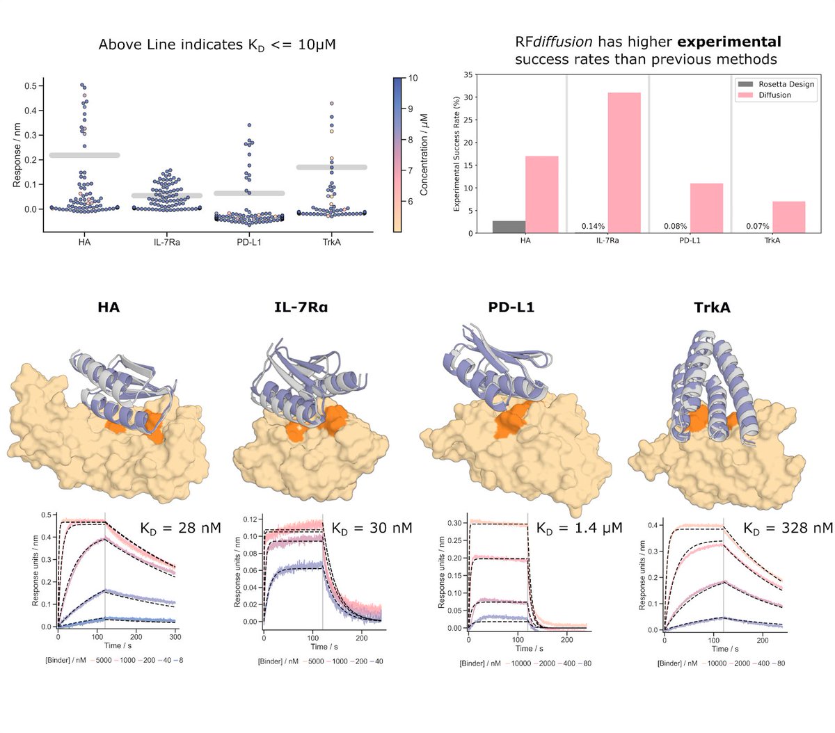 The findings were astonishing. RFdiffusion, alongside better computational filtering methods, gives ~100x the success rate of previous methods!