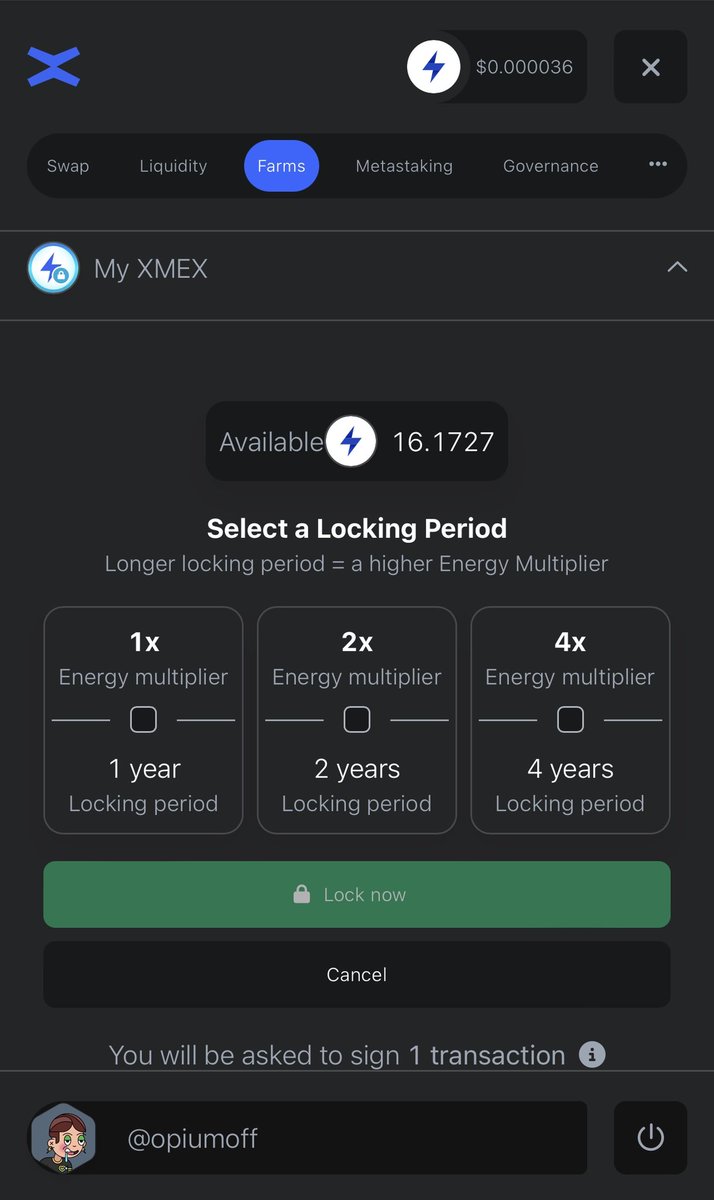 Opium_Off's tweet image. Vous pouvez lock vos XMEX comme suit 👇🏻

• Dans « My XMEX » sélectionnez le nombre de MEX que vous voulez lock

• Choisissez la durée 

• Signez la TX. Vaut XMEX locked seront visibles dans « My DEX assets » et « My XMEX »

➡️ Votre énergie sera actualisé instantanément.