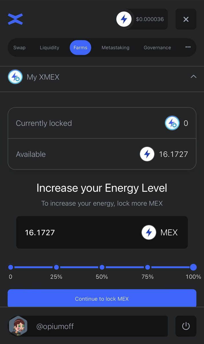 Opium_Off's tweet image. Vous pouvez lock vos XMEX comme suit 👇🏻

• Dans « My XMEX » sélectionnez le nombre de MEX que vous voulez lock

• Choisissez la durée 

• Signez la TX. Vaut XMEX locked seront visibles dans « My DEX assets » et « My XMEX »

➡️ Votre énergie sera actualisé instantanément.