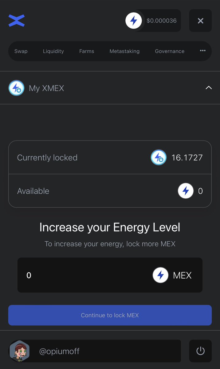 Opium_Off's tweet image. Vous pouvez lock vos XMEX comme suit 👇🏻

• Dans « My XMEX » sélectionnez le nombre de MEX que vous voulez lock

• Choisissez la durée 

• Signez la TX. Vaut XMEX locked seront visibles dans « My DEX assets » et « My XMEX »

➡️ Votre énergie sera actualisé instantanément.