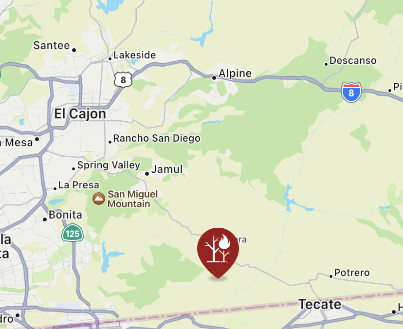 CALFIRESANDIEGO's tweet image. .@CALFIRESANDIEGO is at scene of a vegetation fire near Marron Valley Rd south of South Bay Rod &amp;amp; Gun Club. Fire is five acres, slow rate of spread. #Border39Fire