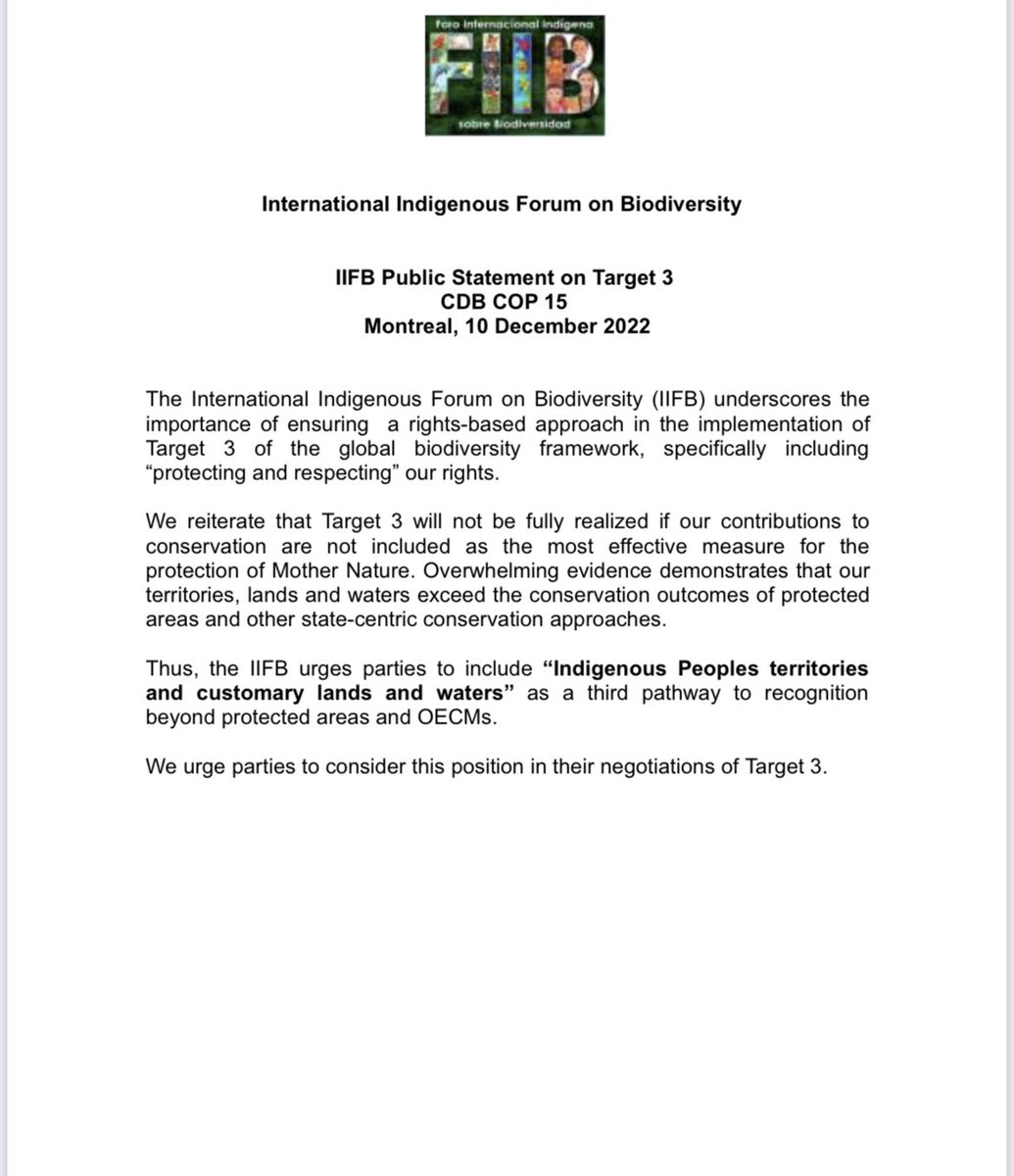 IIFB_indigenous's tweet photo. The ambition of Target 3 will not be realized without full respect for the rights of IPLCs. T3 needs to explicitly include recognition of “Indigenous peoples' territories &amp; customary lands &amp; waters" in the text as an alternative option to protected areas &amp; OECMs. @CBD_COP15 https://t.co/uYry6oec2D