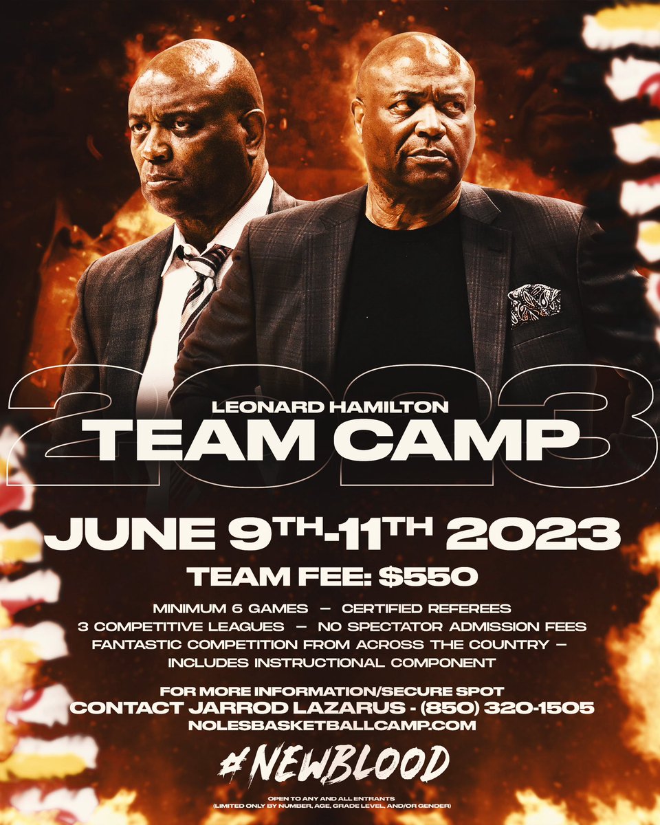 **Breaking News**🍢
REGISTRATION OPEN!! Leonard Hamilton Team Camp coming June 9-11, 2023!! Get ready for one of the hottest team camps in the country-limited spots available!! We look forward to continuing to build a relationship with you &amp; your program!! #NewBlood
