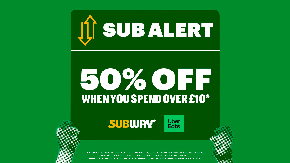SubwayUK's tweet photo. SUB ALERT 🚨⚽️ There is our second #SubForASub. Redeem SUB50OFF6J17K on the @UberEats_UK App for 50% off your order. Valid up to 100 redemptions. See full T&Cs here: https://t.co/xnsYR8gkzB https://t.co/UpPPyYZV3s