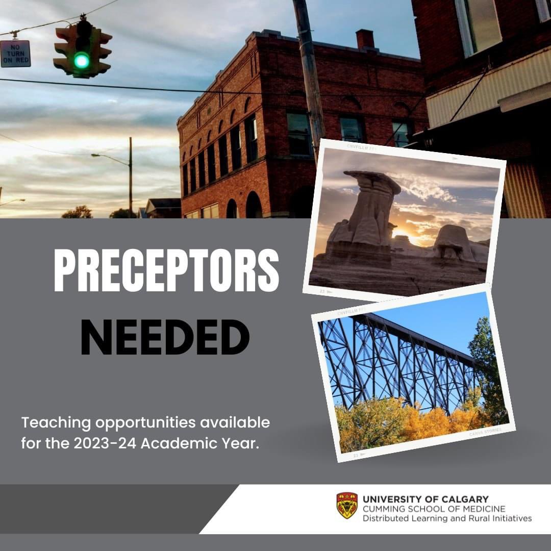 UCalgaryRural's tweet photo. DLRI is urgently recruiting preceptors for all pre-clerkship, clerkship, and resident learning experiences.

Shake up your routine and help shape the future of rural medicine by joining our team of rural educators. Click the link in the bio to fill out your availability today. https://t.co/tOMKuCm9sL