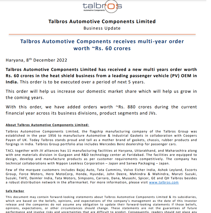 Talbros Automotive Components Limited has received a new multi years order worth Rs. 60 crores in the heat shield business. Total order book in current financial year is 800 cr across its business divisions, product segments and JVs.
Mcap- 646 cr
PE-13
ROE-16