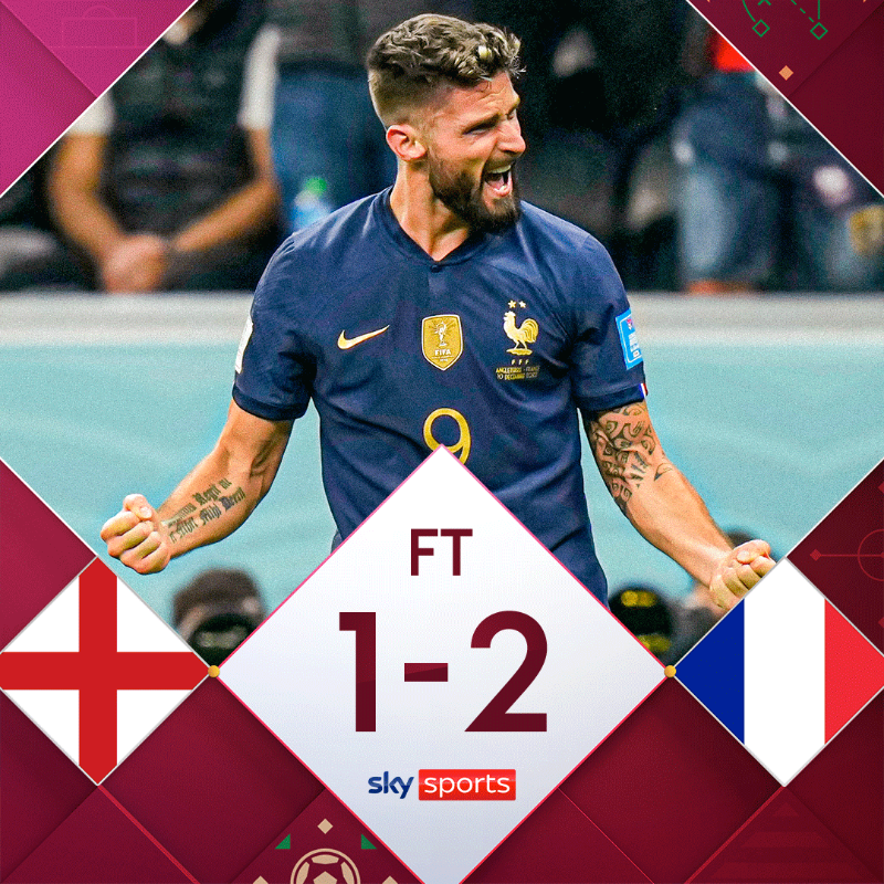 SkySportsNews's tweet photo. 🇫🇷 France are through to the World Cup semi-finals after a 2-1 win over England.