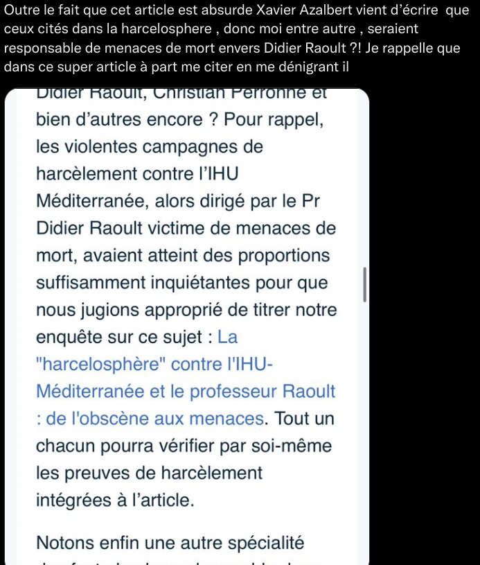 HugonetX's tweet photo. Didier Raoult est déjà mis en examen pour la même fausse accusation réitérée ici par le rédacteur du blog complotiste France-Soir.
#FranceSoir #FactnFurious #XavierAzalbert #Complotisme #Desinformation #Antivax #Covid19 #Raoult #DidierRaoult #Terrorisme
https://t.co/bhBDmrlMCB https://t.co/2Wqz2bAktS