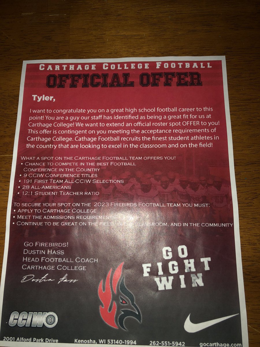 HarrisTyler0's tweet photo. Thank you @CoachDustinHass and @Carthage_FB for the offer to continue my academic and athletic career! @RhsSpartanfball https://t.co/t1lFNHvpU3