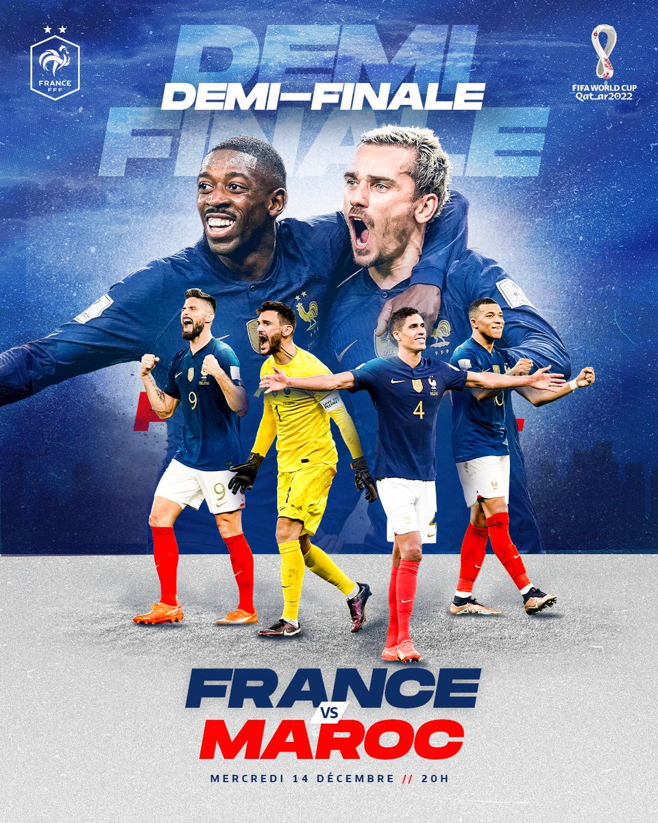 Les Bleus affronteront le Maroc 🇲🇦 mercredi (20h) pour une place en 𝙁𝙞𝙣𝙖𝙡𝙚 𝙙𝙚 𝙡𝙖 𝘾𝙤𝙪𝙥𝙚 𝙙𝙪 𝙈𝙤𝙣𝙙𝙚 ! 🔥🏆

#FiersdetreBleus