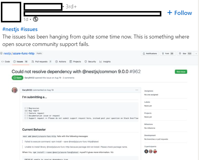 KerryRitter's tweet photo. Don't be like this.

Imagine walking up to an OSS maintainer who (for nothing or next to nothing) spends hours every day working on a framework that you write code in every day. And you say to them, "You didn't fix a bug in a package I use. Your support is failing me."

Come on. https://t.co/lSybZOcHej