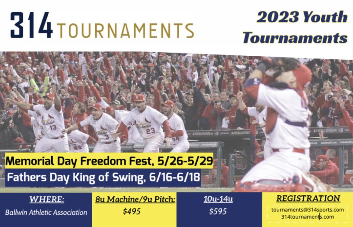 -No Gate Fees
-Professional highlights filmed at EVERY game
-1:50 Time Limits
-No Rainouts
-Exceptional Venues
-Certified Umpires

314 Tournaments has a lot to offer for the 2023 season, get registered today!  314tournaments.com